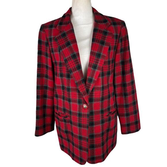 Vintage Requirements Red Plaid Blazer Size 12 Wool Blend Lined - Picture 1 of 11